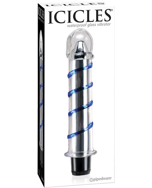 Dildos Icicles No 20 Hand Blown Glass Vibrator Waterproof Clear wBlue Swirls Pipedream Products
