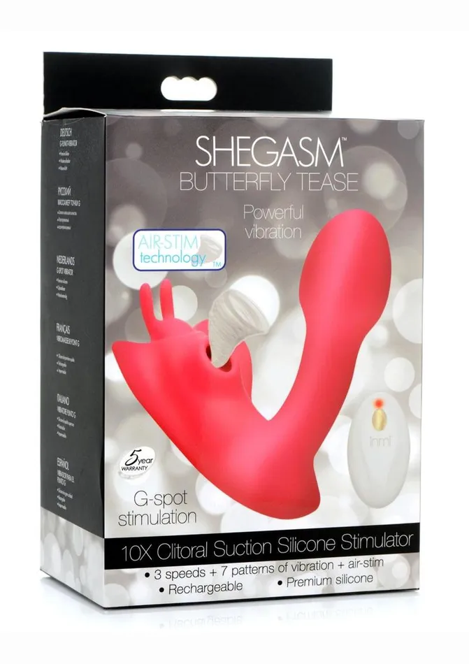 Female Sex Toys SHEGASM Shegasm Butterfy Tease Rechargeable Silicone 10x Clitoral Suction Stimulator with Remote Control