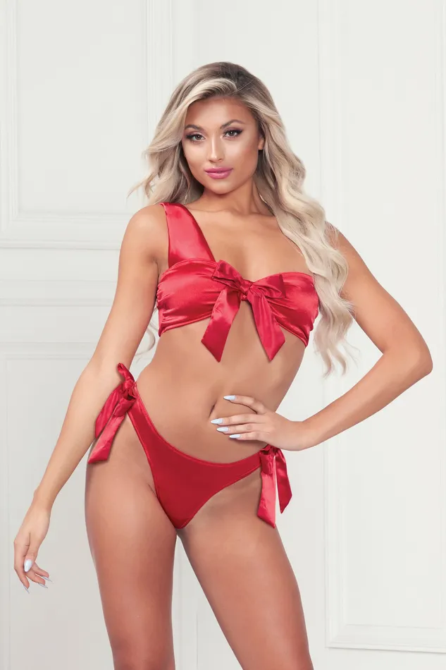 Seven Til Midnight Teddies And Bodies Two Piece Bra Set Satin Bra With Assymetrical Shoulder Strap Satin Ribbon Bows and Thong One Size Red Seven Til Midnight Teddies And Bodies Two Piece Bra Set Satin Bra With Assymetrical Shoulder Strap Satin Ribbon Bows and Thong One Size Red