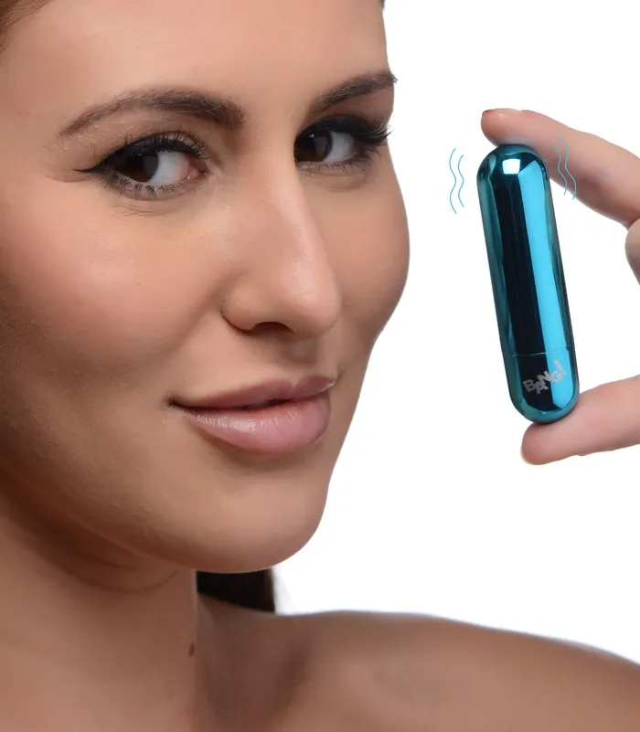 XR Brands Bang 10x Rechargeable Vibrating Metallic Bullet Blue Vibrators