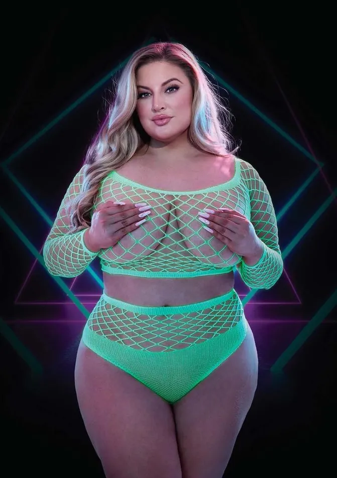 GlowintheDark Fishnet Crop Top Panty Set Lapdance Lingerie Female Sex Toys