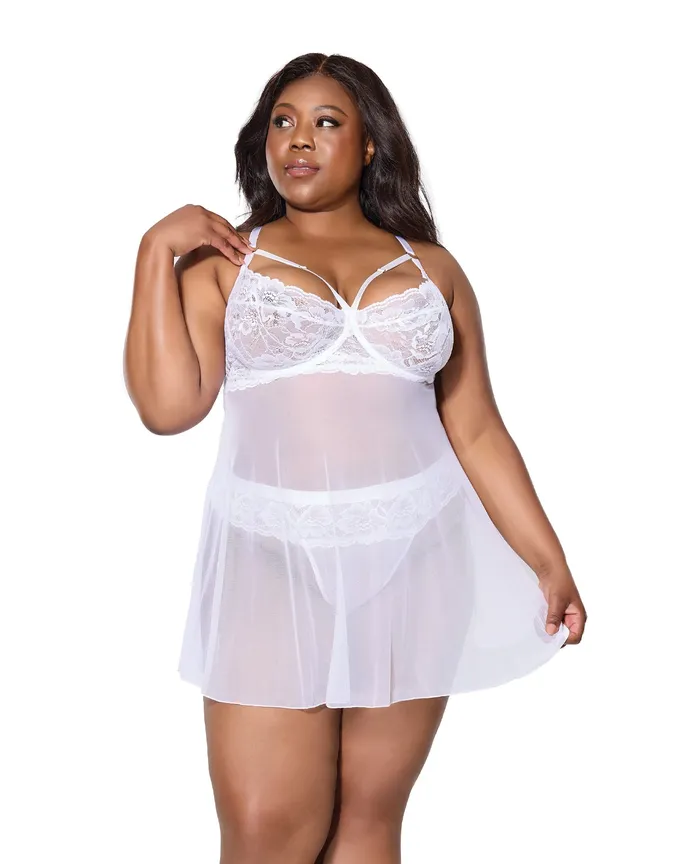 Scallop Stretch Lace Mesh Babydoll wThong White 1X2X Coquette Teddies And Bodies Scallop Stretch Lace Mesh Babydoll wThong White 1X2X Coquette Teddies And Bodies
