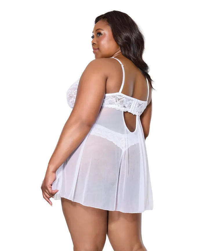 Scallop Stretch Lace Mesh Babydoll wThong White 1X2X Coquette Teddies And Bodies Scallop Stretch Lace Mesh Babydoll wThong White 1X2X Coquette Teddies And Bodies