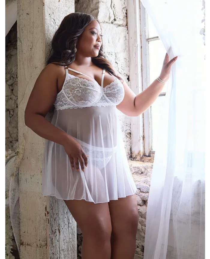 Scallop Stretch Lace Mesh Babydoll wThong White 1X2X Coquette Teddies And Bodies Scallop Stretch Lace Mesh Babydoll wThong White 1X2X Coquette Teddies And Bodies
