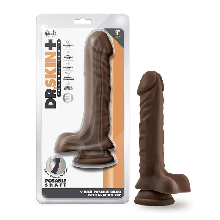 Blush Novelties Dildos Dr Skin Plus 9 inches Posable Dildo with Balls Chocolate Dark Brown Skin Tone
