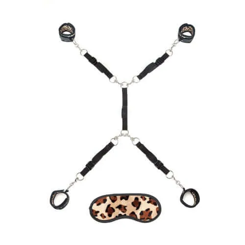 Electric Hustler Lingerie Couples Lux Fetish 7 Pieces Leopard Bed Spreader Ultimate Bondage Kit for Sensual BDSM Play