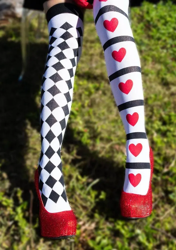 Leg Avenue Inc Anal Harlequin Heart Thigh Highs WhiteRedBlack One Size Flirty Patterned Hosiery by Leg Avenue