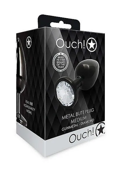 Male Sex Toys SHOTS AMERICA Ouch Round Gem Butt Plug Medium Gunmetal Faux Diamond