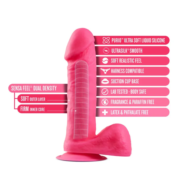 Neo Elite By Blush Neon Pink 8Inch Long Dildo Made with Purio Silicone SensaFeel Dual Density Realistic Technology Blush Dildos