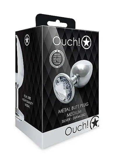 SHOTS AMERICA Male Sex Toys Ouch Round Gem Butt Plug Medium Silver with Faux Diamond
