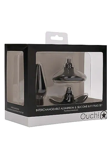 SHOTS AMERICA Ouch Interchangeable Butt Plug Set Pointed Medium Black Anal