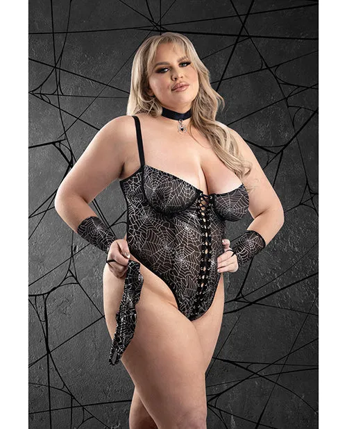Anal Fantasy Lingerie Play Into My Web Laceup Teddy 4 pc Set Black