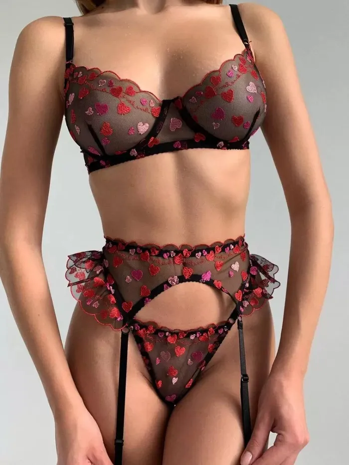 honeysx Female Sex Toys Heartshaped Embroidery Lace Transparent Bra and panty Garter belt Lingerie Sets