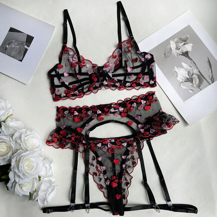 honeysx Female Sex Toys Heartshaped Embroidery Lace Transparent Bra and panty Garter belt Lingerie Sets