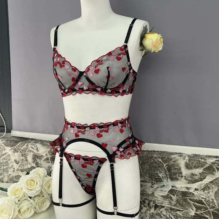 honeysx Female Sex Toys Heartshaped Embroidery Lace Transparent Bra and panty Garter belt Lingerie Sets