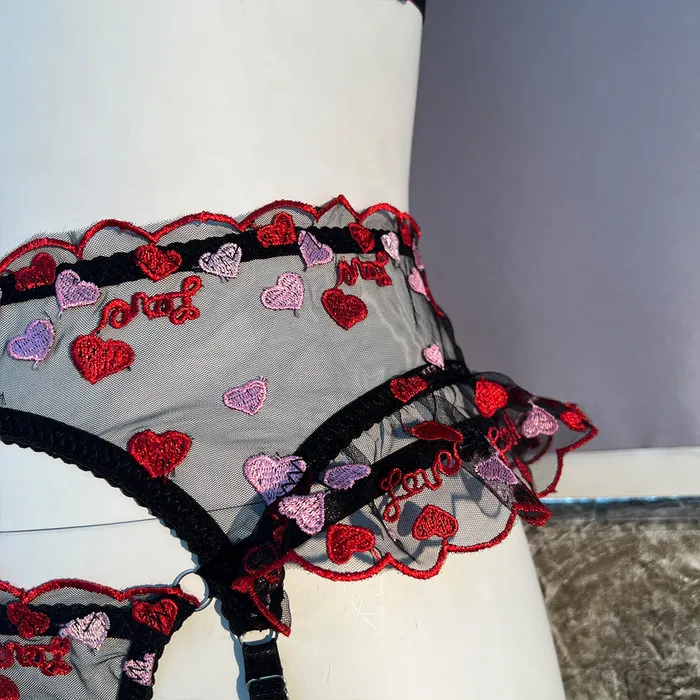 honeysx Female Sex Toys Heartshaped Embroidery Lace Transparent Bra and panty Garter belt Lingerie Sets