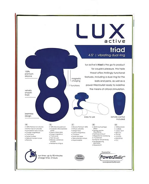 Lux Active Triad 45 Vibrating Dual Ring with Remote Dark Blue BMS Enterprises Male Sex Toys Lux Active Triad 45 Vibrating Dual Ring with Remote Dark Blue BMS Enterprises Male Sex Toys