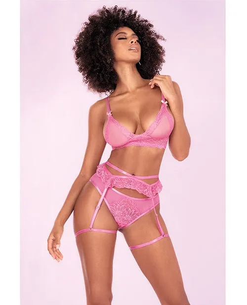 Vibrators Floral Lace Bra Ruffle Garter Belt Panty Sunset Pink Mapale