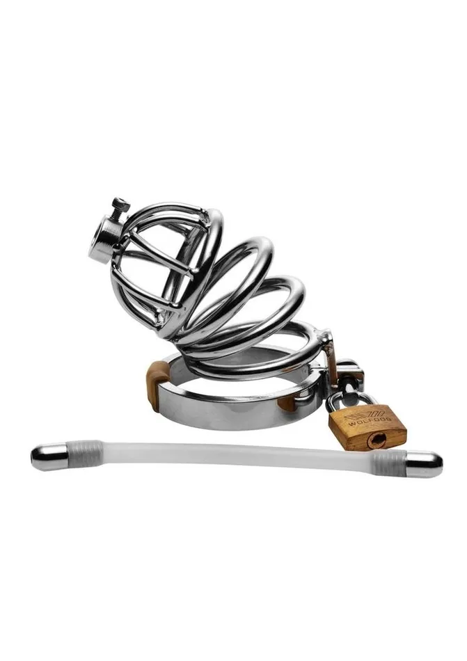 Male Sex Toys Master Series Stainless Steel Chastity Cage with Silicone Urethral Plug Master Series