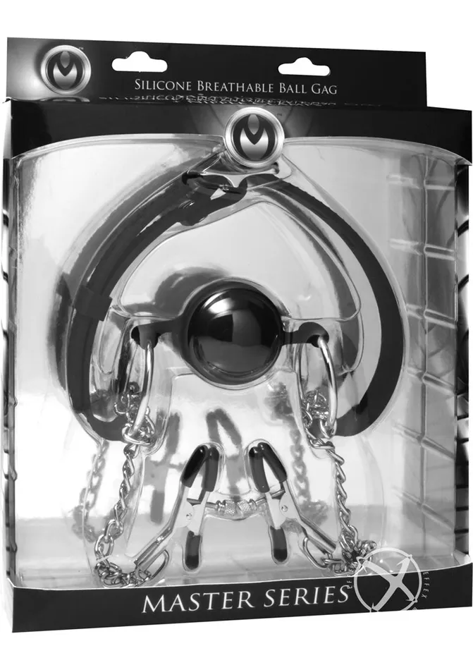 Master Series Hinder Breathable Silicone Ball Gag with Nipple Clamps Master Series Male Sex Toys Master Series Hinder Breathable Silicone Ball Gag with Nipple Clamps Master Series Male Sex Toys