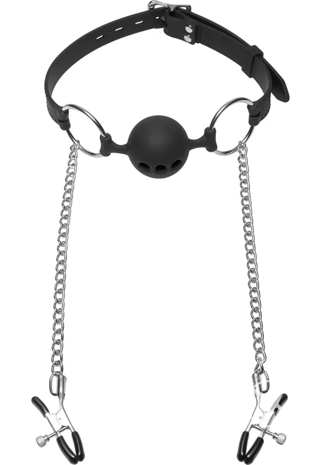 Master Series Hinder Breathable Silicone Ball Gag with Nipple Clamps Master Series Male Sex Toys