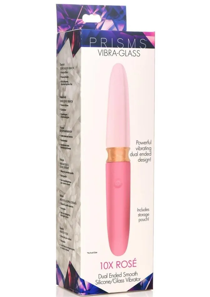 Prisms Female Sex Toys Prisms VibraGlass 10x Rose Dual End Rechargeable SiliconeGlass Vibrating Dildo